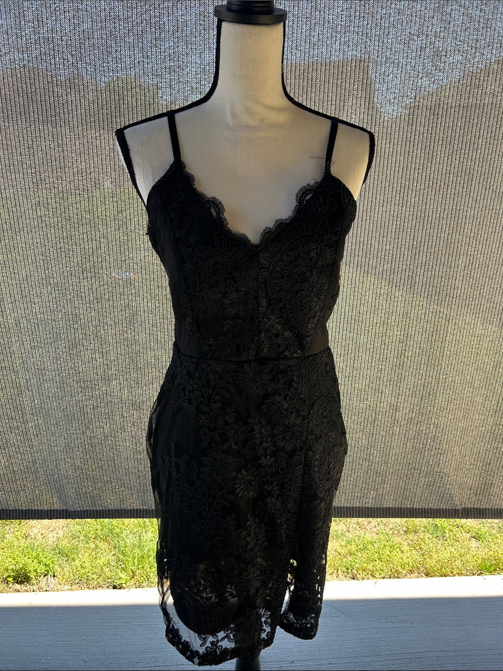 Lace Scallop V-Neck Black Slip Dress
